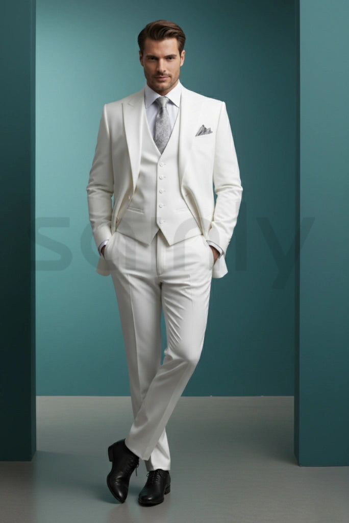 Men off white 3-piece suit, perfect for weddings, engagements, and reception events-front