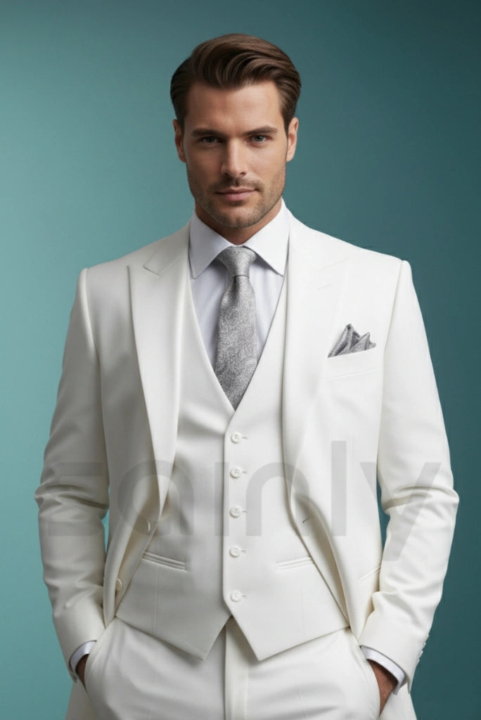 Elegant off white men’s suit ideal for bachelor parties, anniversaries, and formal dinner occasions-front