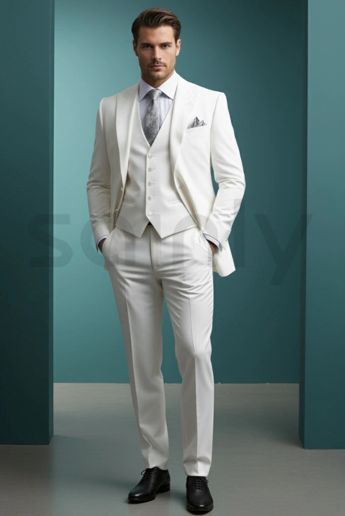 Comfortable white tuxedo pants with adjustable waist and flat front design-front