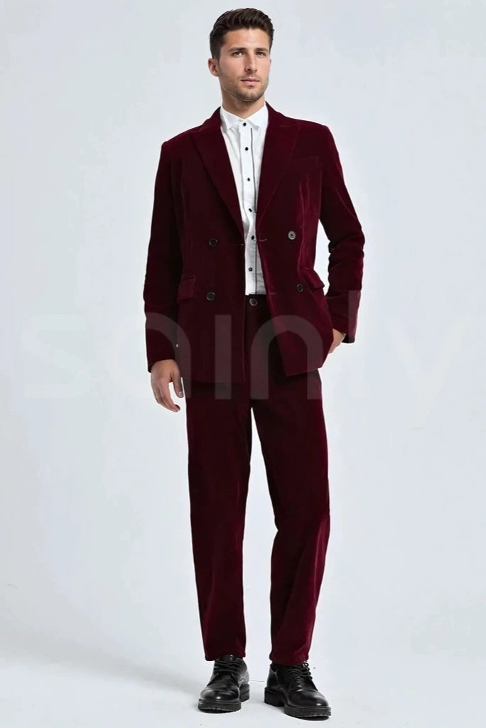 Wine velvet double breasted suit for men-front