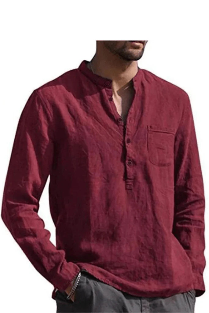 Men Wine Casual Linen Shirt-Front