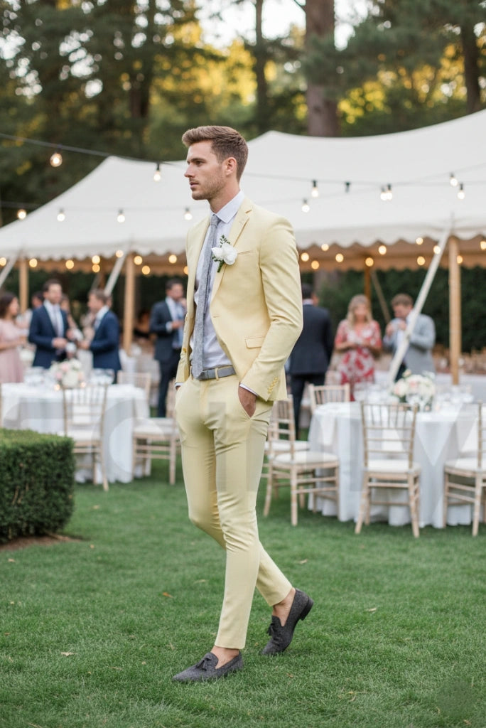 Men yellow suit with tailored blazer and pant-side
