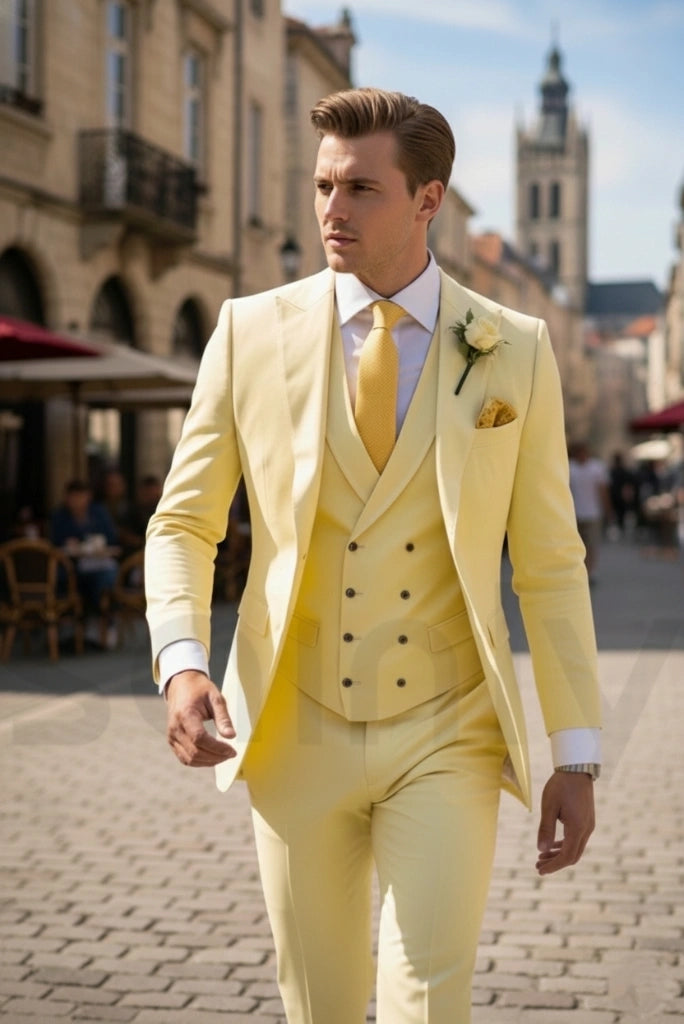 Men yellow three piece suit front