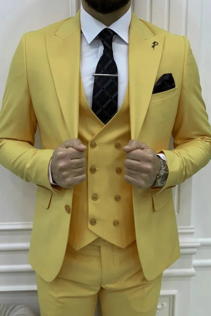 Men Yellow Three Piece Beach Wedding Suit – Stylish Groom Wear