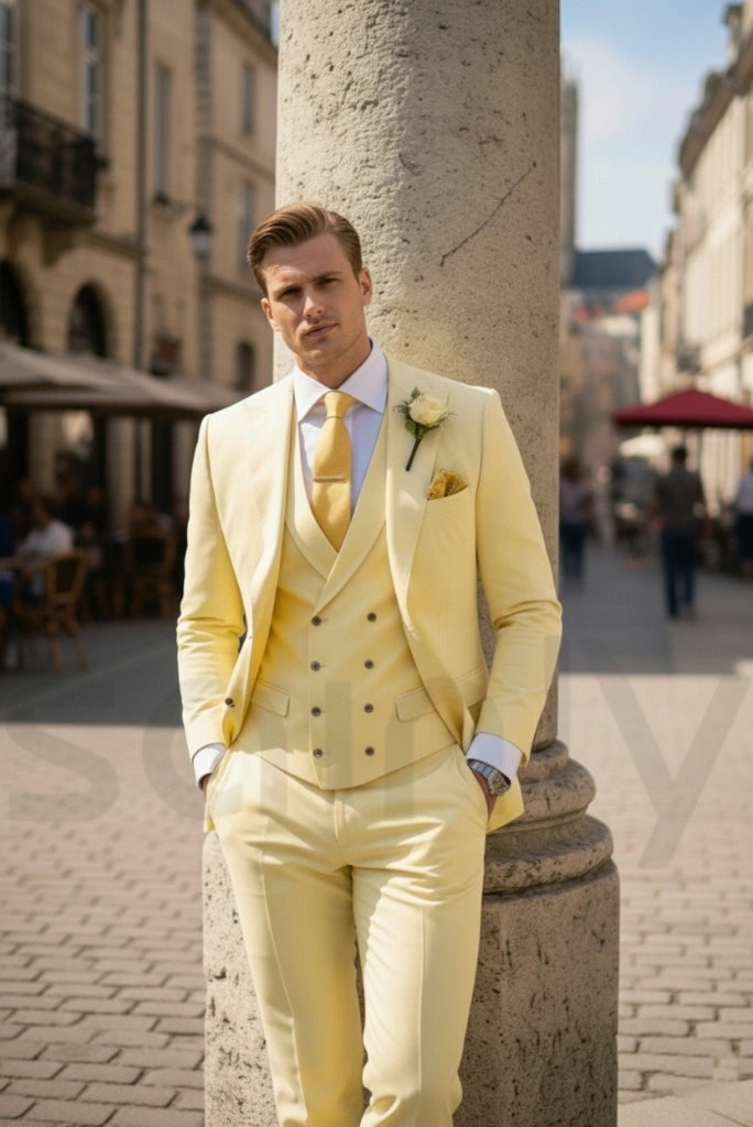 Men wearing yellow blazer waistcoat and trousers