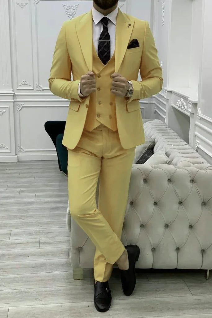 Men Yellow Three Piece Beach Wedding Suit – Stylish Groom Wear