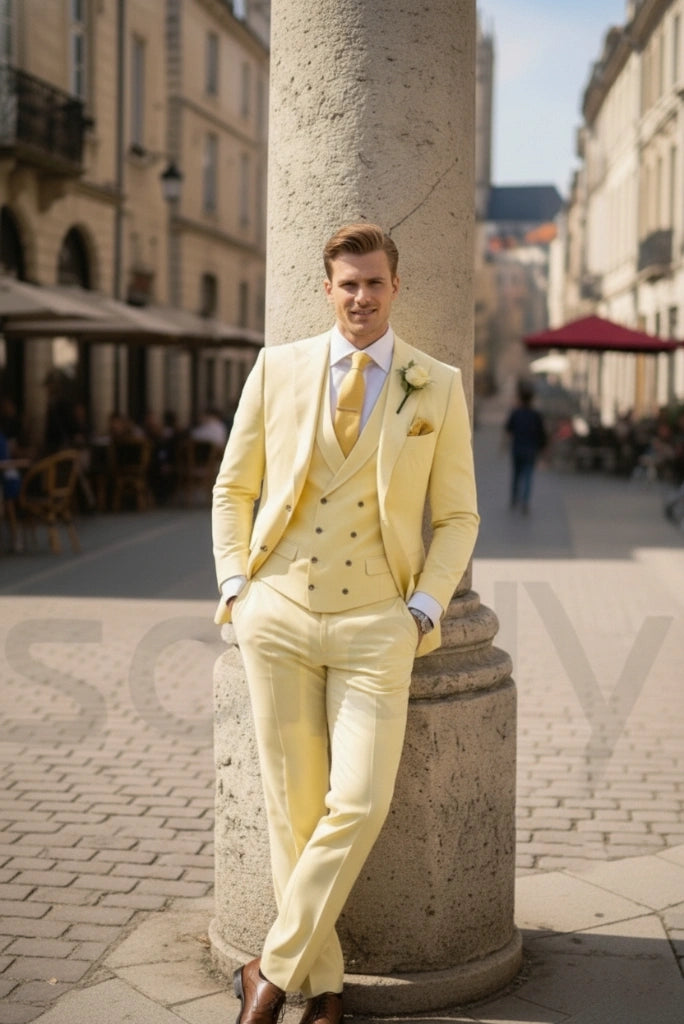 Men yellow three piece suit with blazer waistcoat and trousers