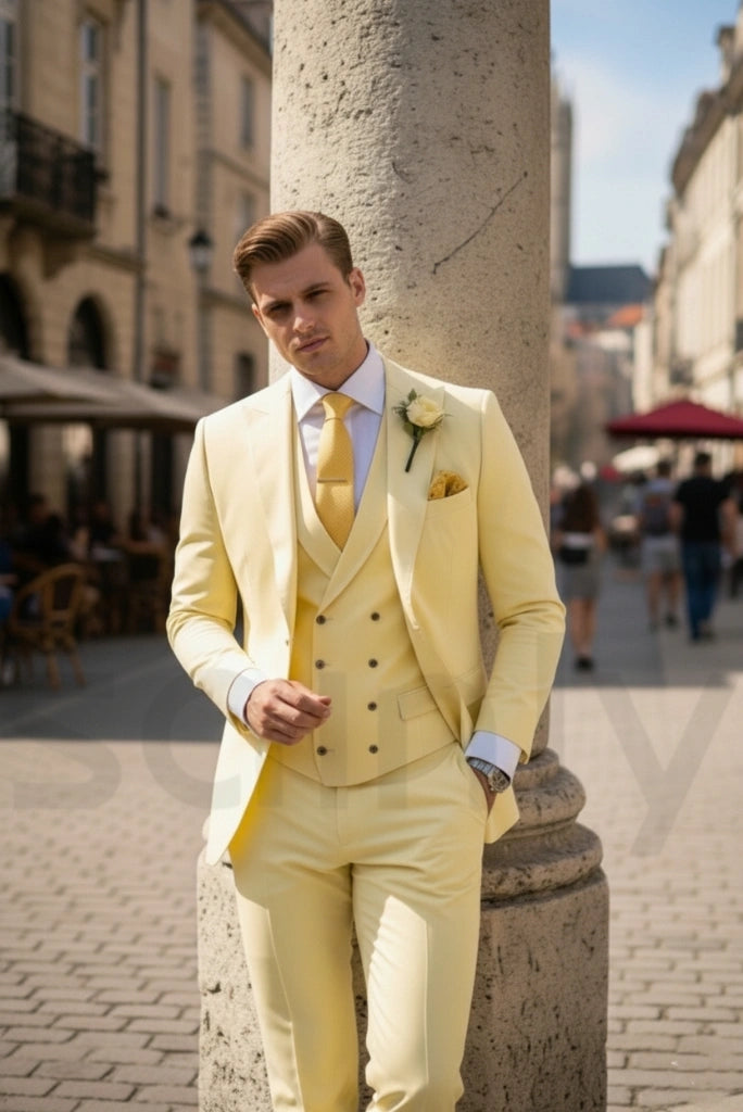 Stylish yellow three piece suit for men-side
