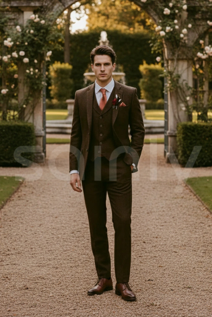 Men’s brown tweed three piece slim fit wedding suit