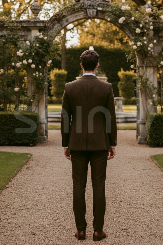 Slim fit brown tweed groom suit elegant wedding outfit