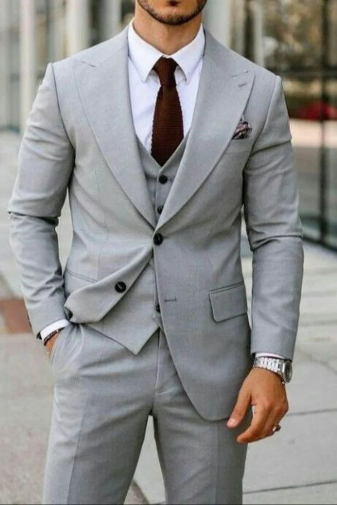 grey three piece wedding wear suit-Front