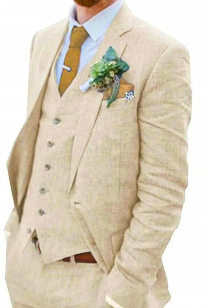 Beige linen three piece suit for men -front