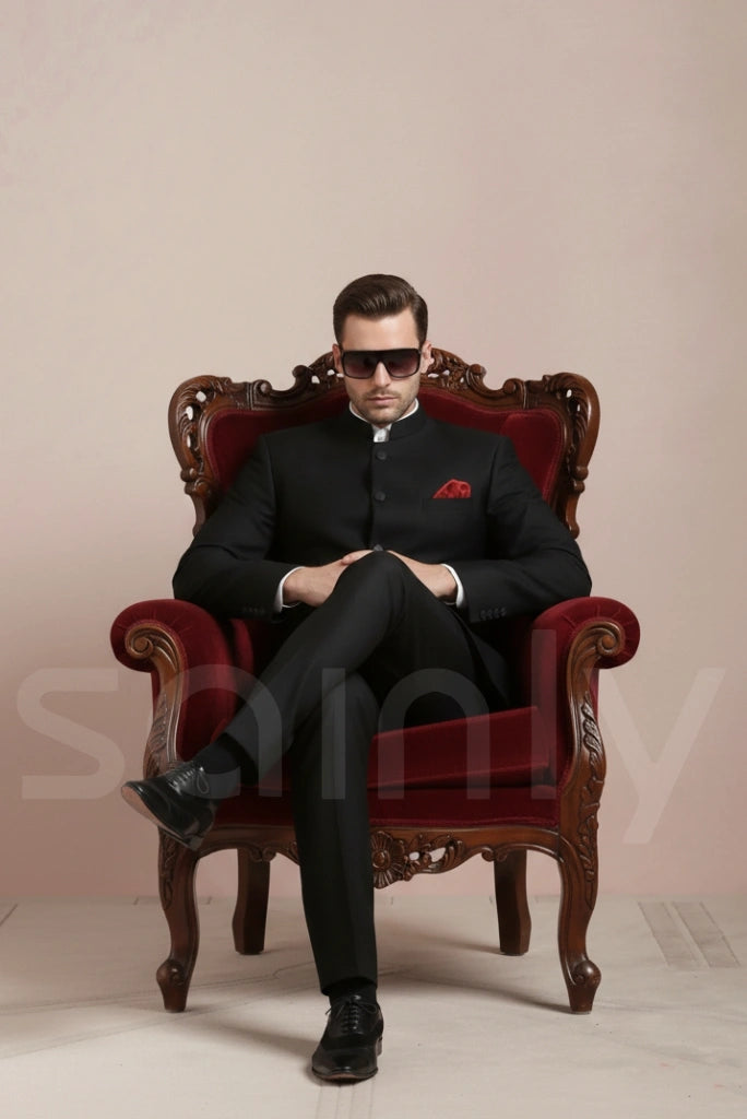 Embroidered black bandhgala suit for engagement ceremony