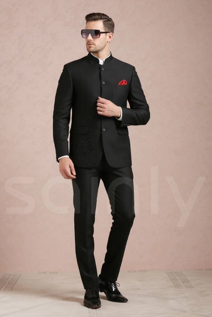 Black Jodhpuri bandhgala suit for royal wedding functions-front