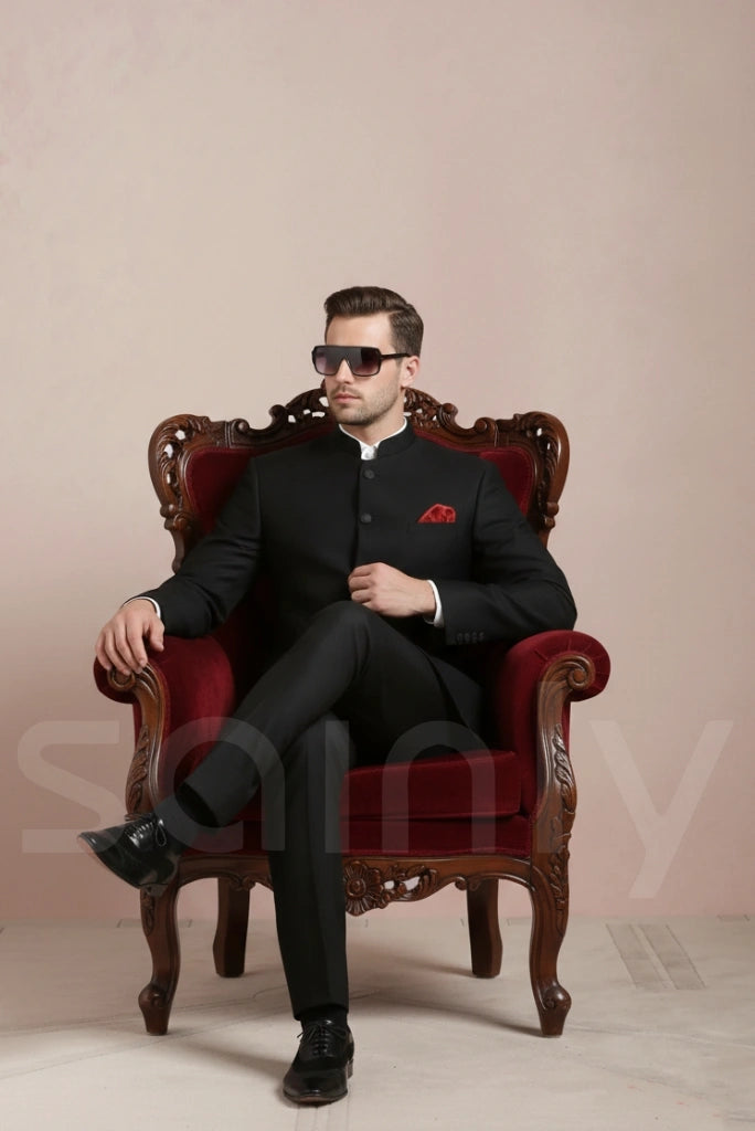 Designer black bandhgala suit for men’s reception parties-front