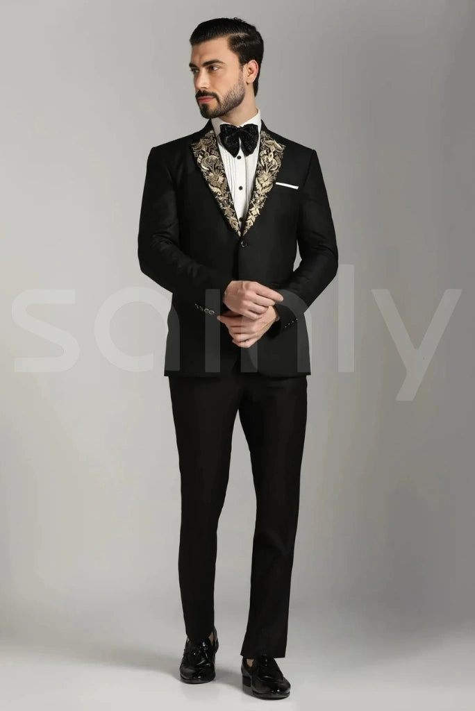 Men’s black two piece embroidered suit for evening gatherings-front