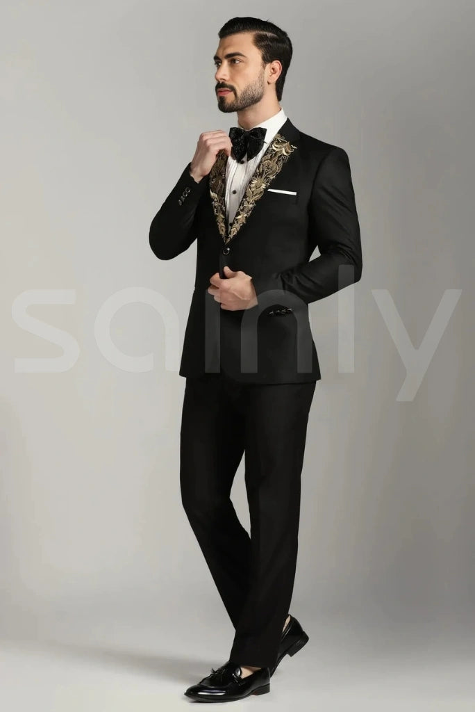 Designer black two piece suit with embroidery for parties-side