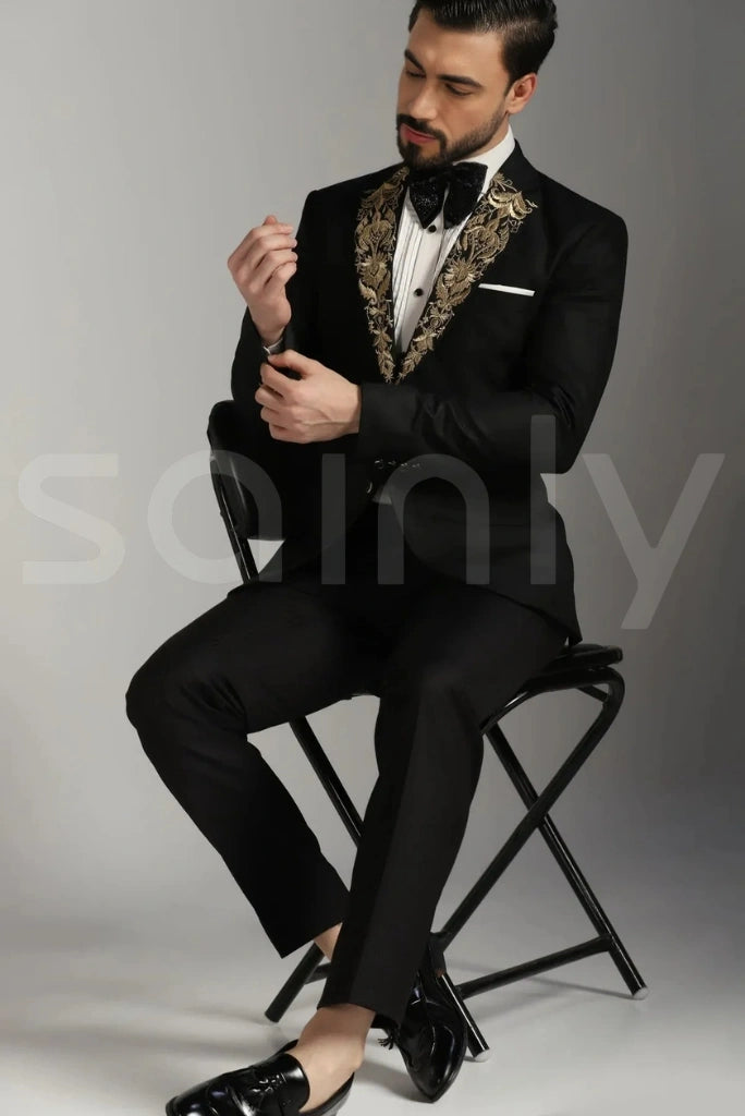 Men’s black embroidered two piece suit for wedding wear-side