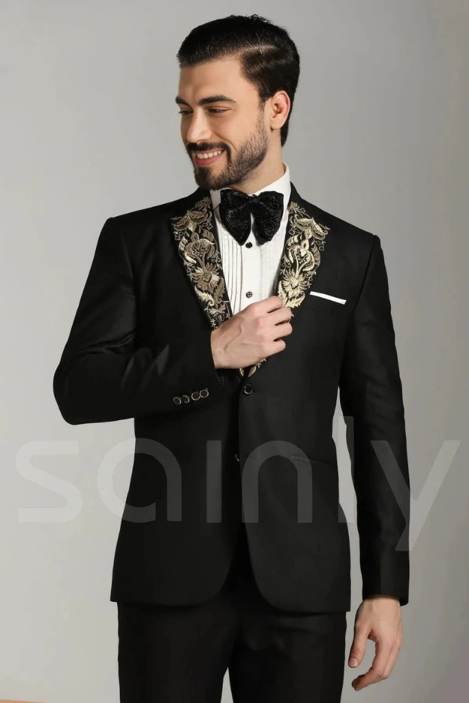 Classic black embroidered two piece suit for groom-front