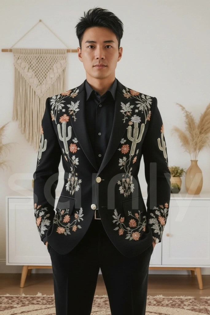 Embroidered black two piece suit for evening wear-front