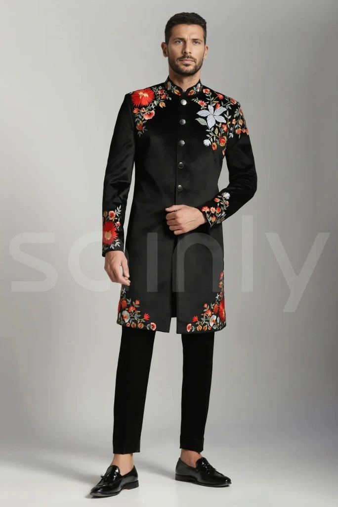 Men’s black floral sherwani for formal occasions
