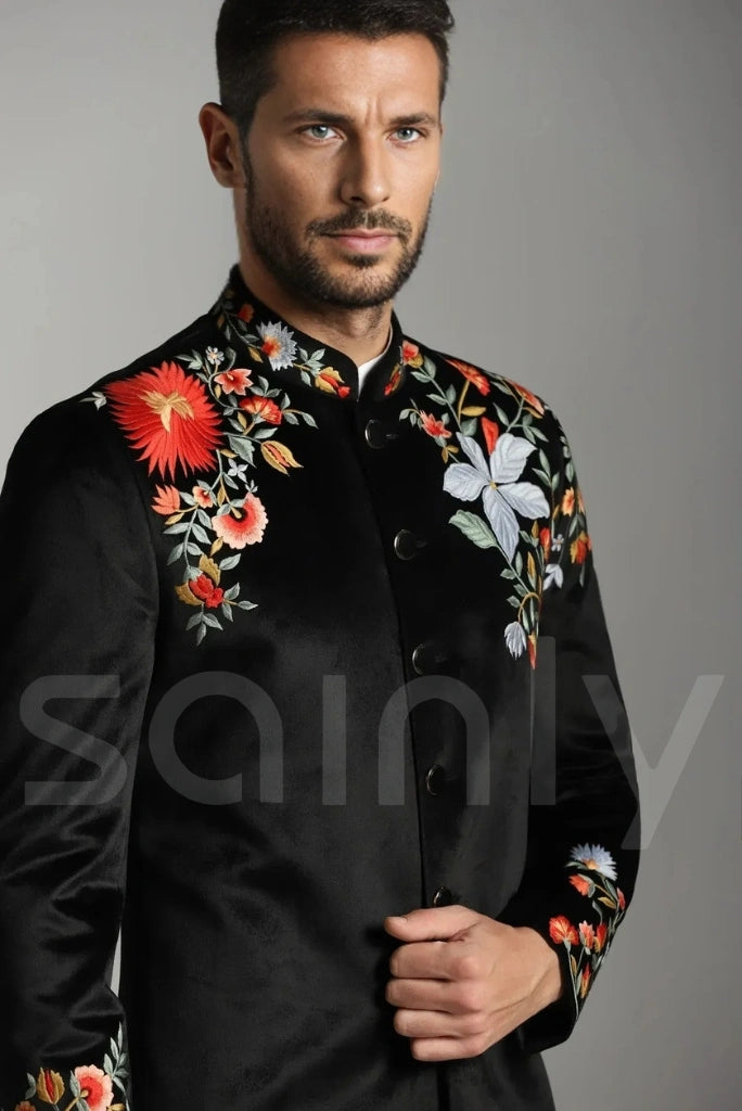 Black floral sherwani ideal for weddings and festive events