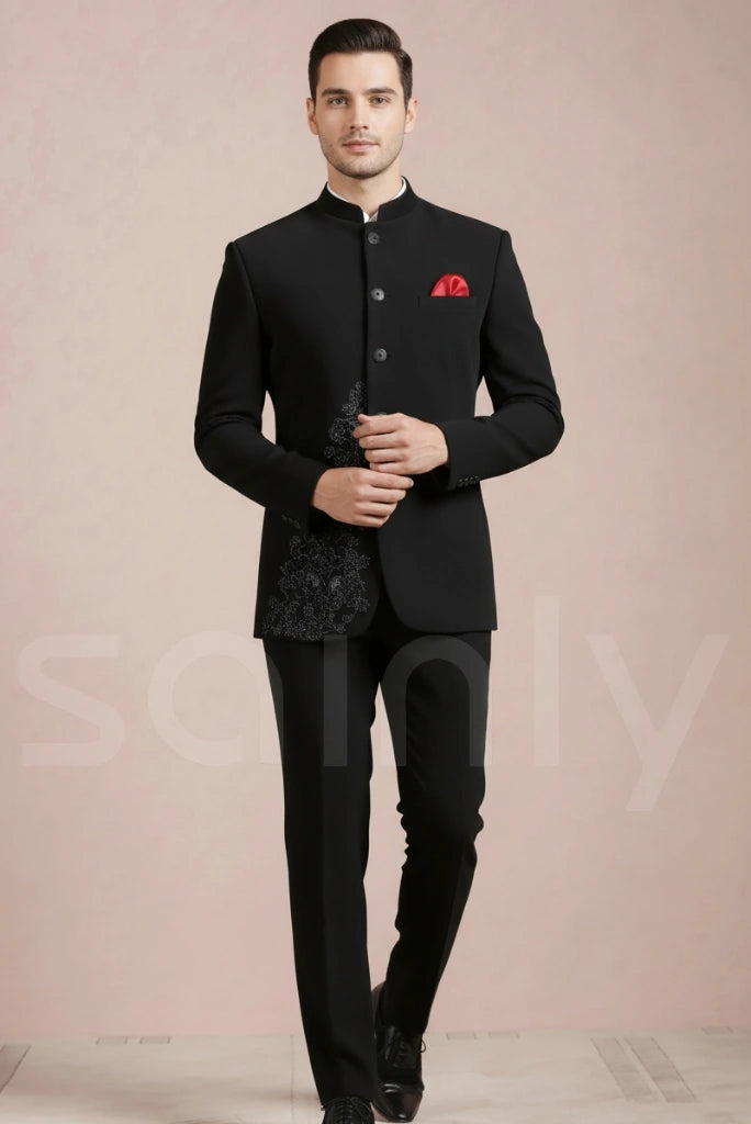 Men’s embroidered black Jodhpuri suit for festive occasions-front