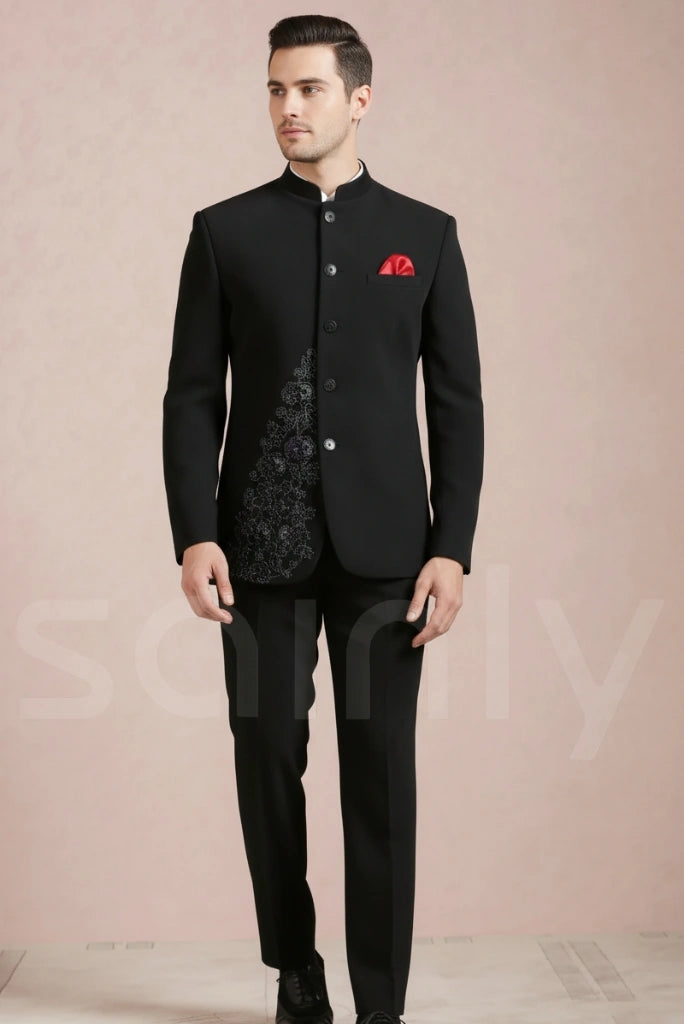 Royal embroidered black Jodhpuri suit for wedding wear-front