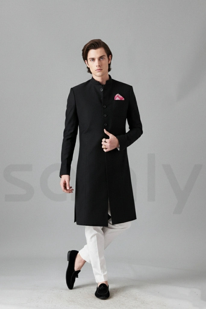 Heritage style black sherwani set for groom
