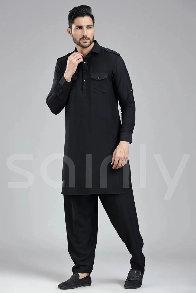 Classic black men’s kurta paired with comfortable trousers