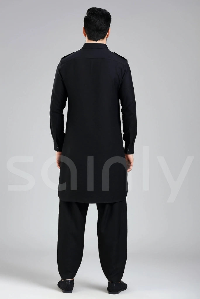 Black ethnic kurta set featuring detailed craftsmanship