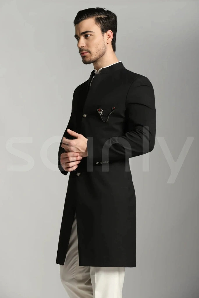 Elegant plain black sherwani blending tradition and style