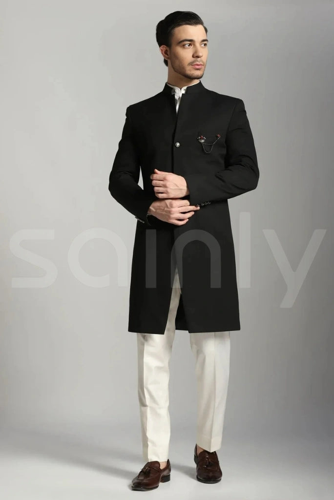 Traditional black sherwani with simple and sleek look