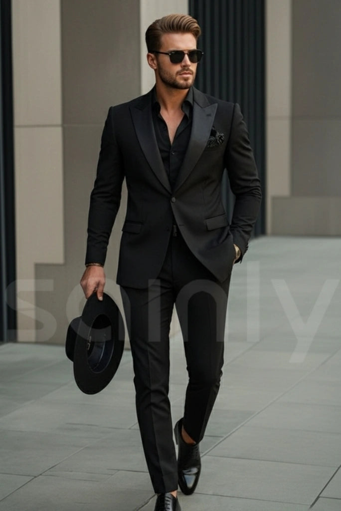 Designer black single breasted suit for cocktail events-front