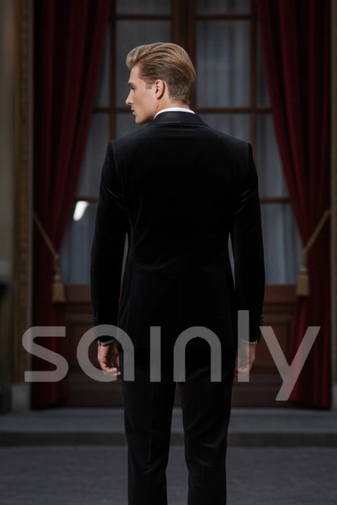 Stylish black velvet blazer smoking jacket front view