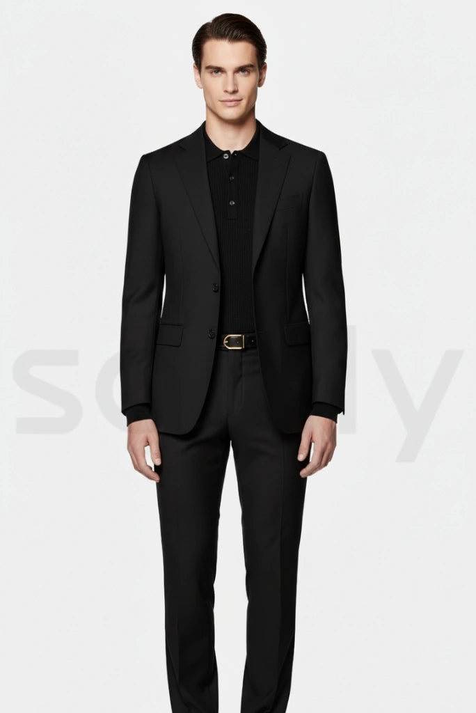 Elegant men’s black two piece suit for business meetings-front