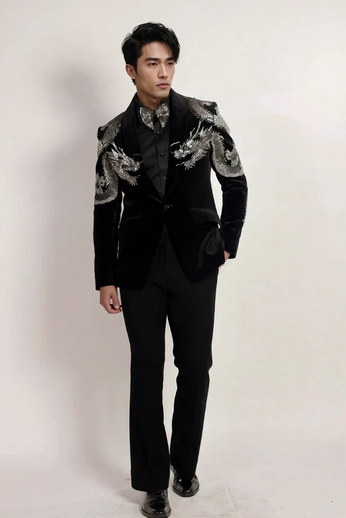 Men dragon embroidery two piece suit-front