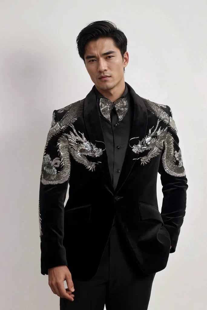 Silver dragon embroidery suit for men