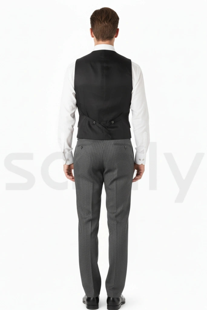 Men’s black double-breasted waistcoat with classic formal design-back