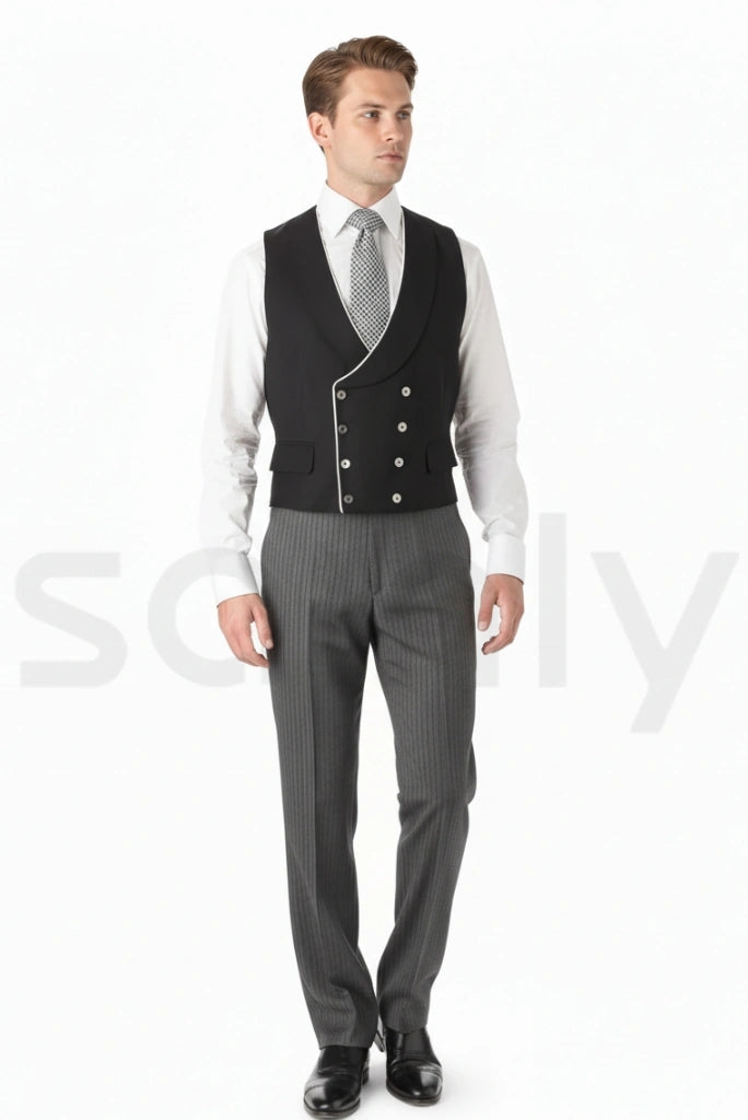 Stylish black double-breasted waistcoat for men, perfect for formal occasions-front