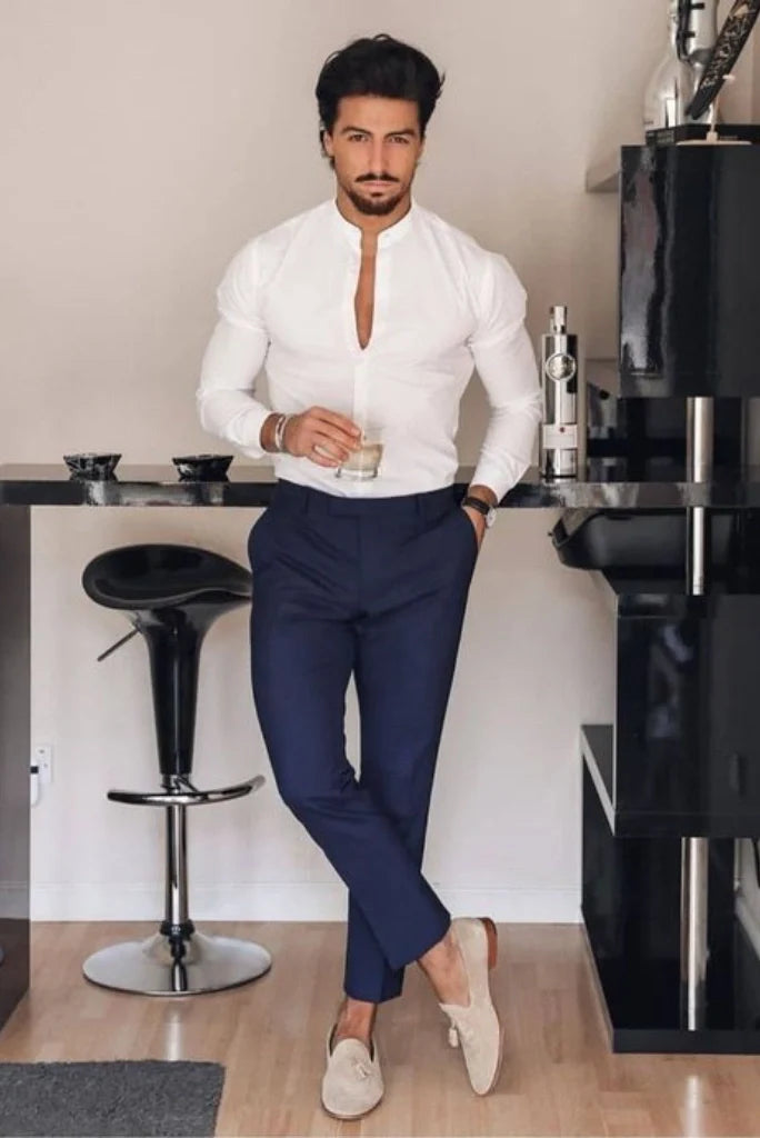 Men blue pant an white shirt-front