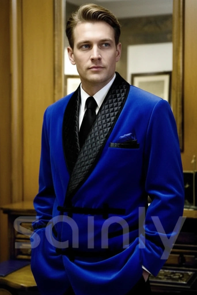 Royal blue velvet smoking jacket for men evening wear