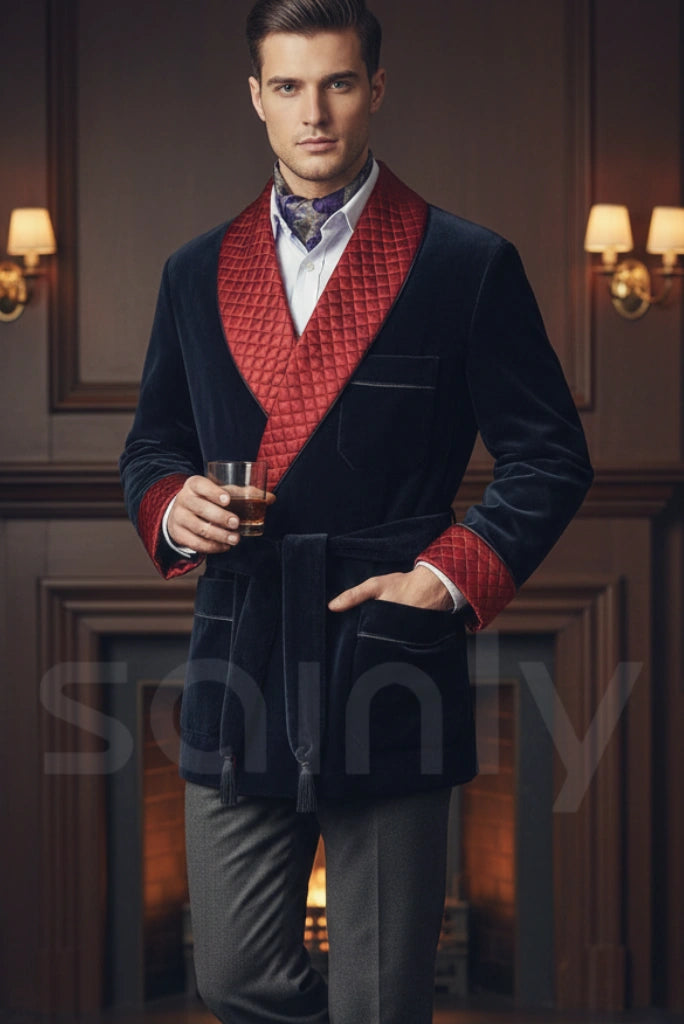 Men’s navy blue velvet smoking jacket formal evening wear