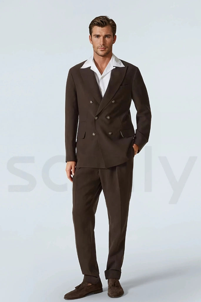 Formal men’s brown double breasted suit office wear-front