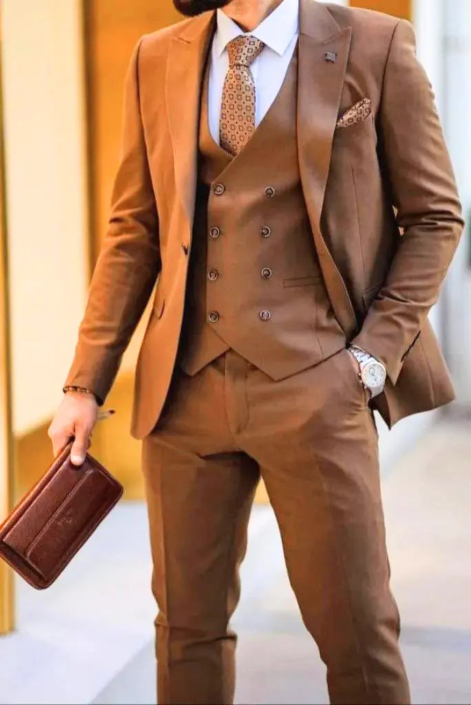 men brown three piece suit-front