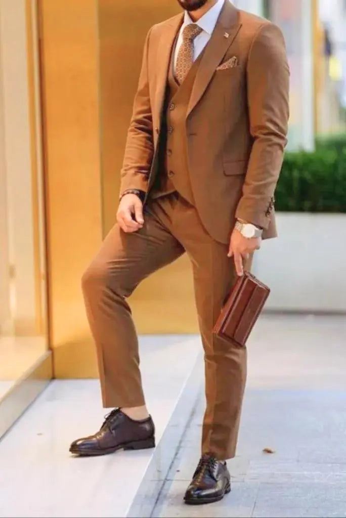 brown three piece suit for men