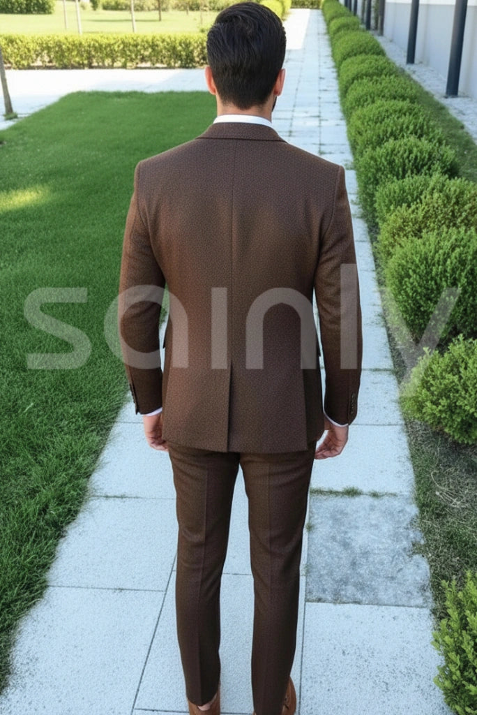 Slim fit brown tweed groom suit elegant wedding outfit