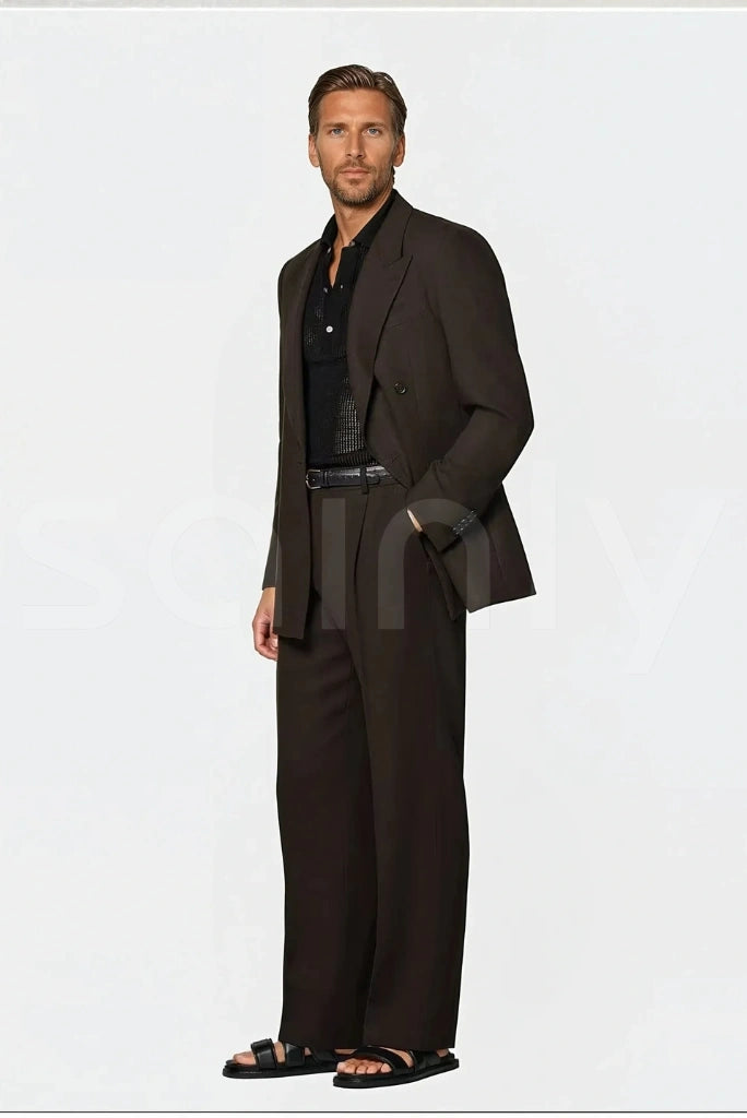 Formal men’s brown double breasted suit office wear-side