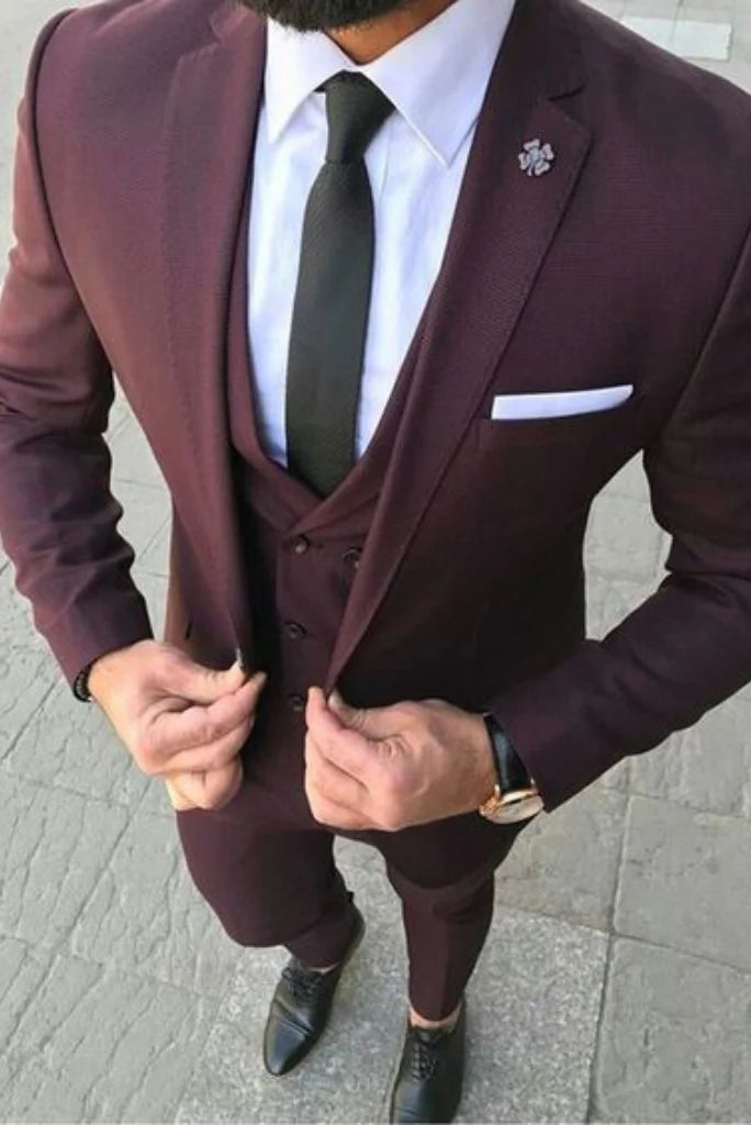 Men burgundy three piece suit-front