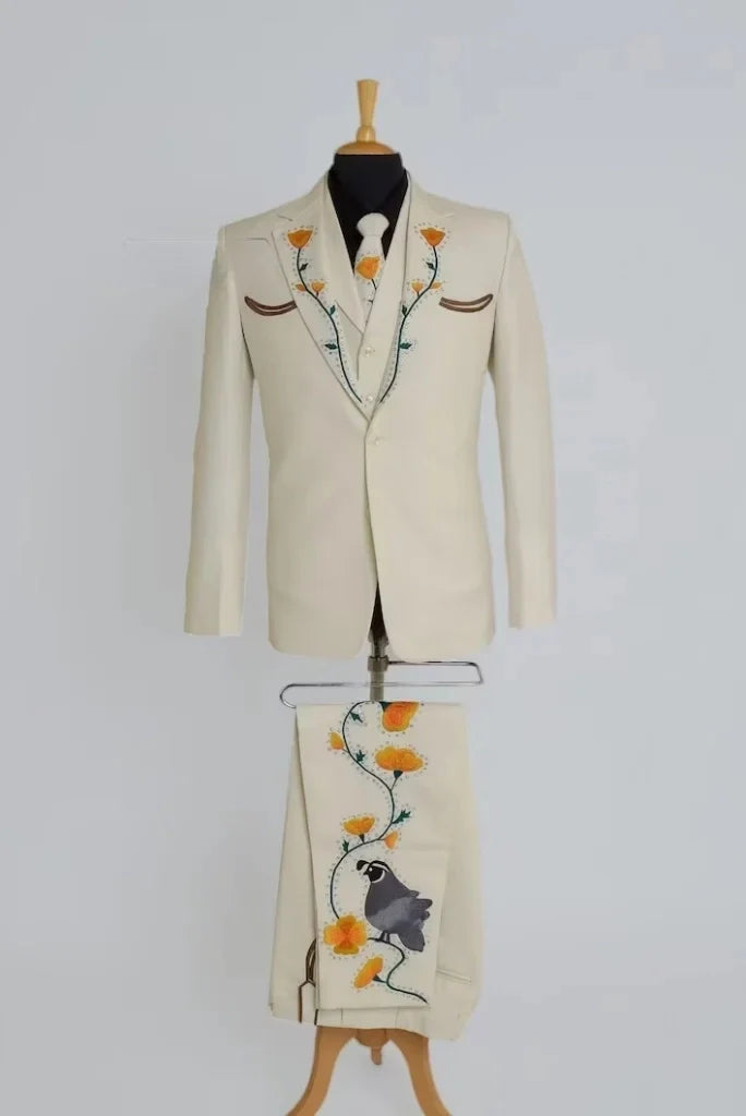 Men cream embroidery three piece suit-front